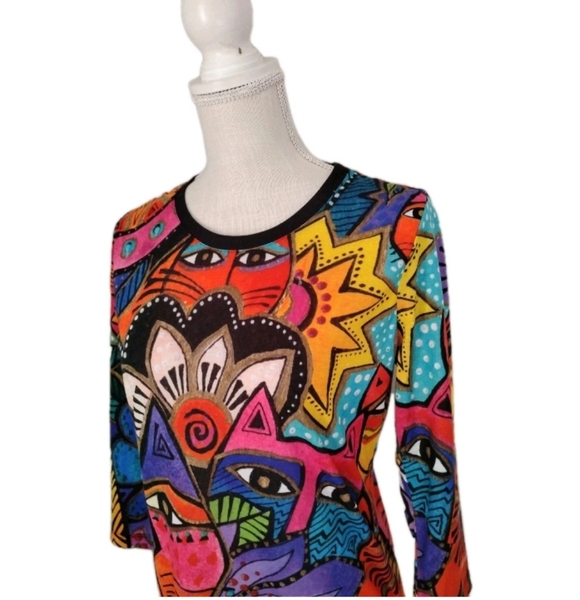 Laurel Burch Laurels Garden Cats Pullover Top 3/4 Sleeve M RETIRED - Picture 2 of 5